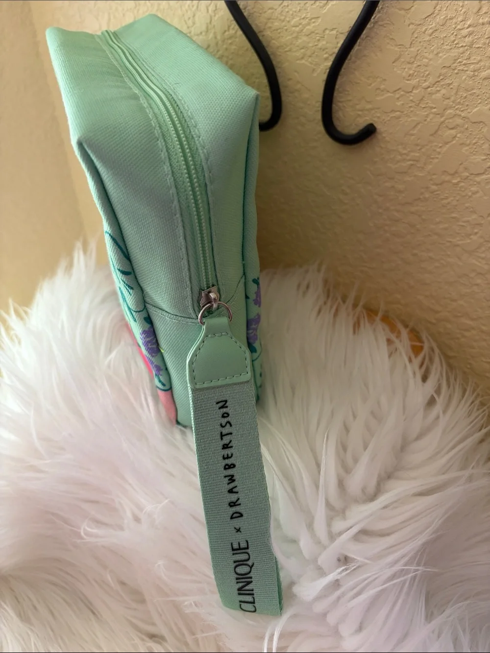 Clinique X Drawbrrtson Mint Green Strawberry Print Wristlet Cosmetic Pouch